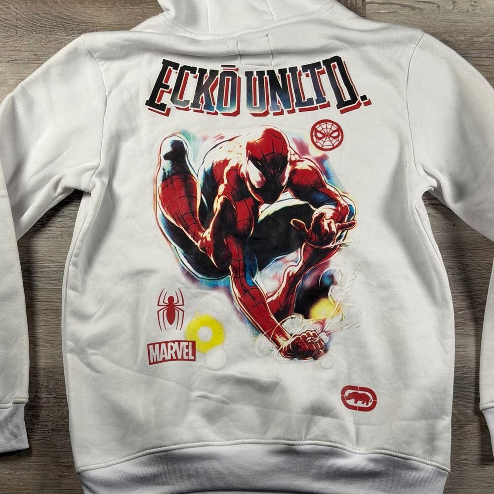 New Ecko Unltd Marvel Spider-Man Hoodie Mens Small White Graphic Fleece